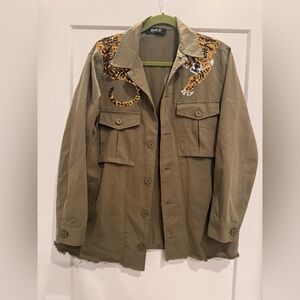 Army Green Utility Jacket with Tiger Sequins Sz L